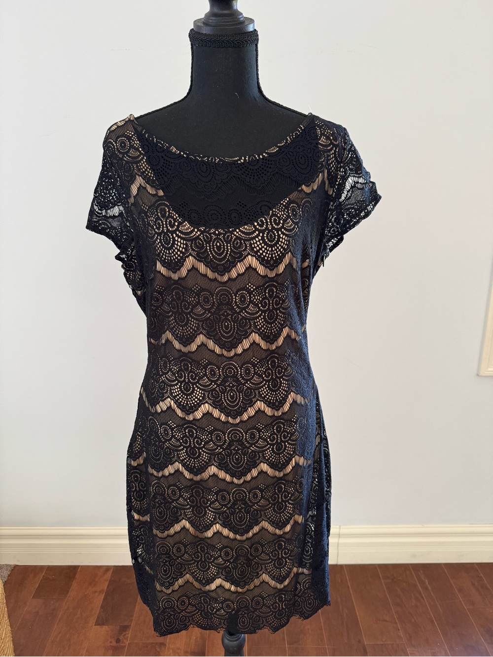 bebe Black Lace Overlay Nude Slip Cocktail Dress